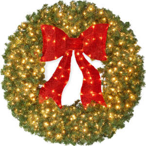 Pre-Lit Artificial Fir Christmas Wreath w/ Red Bow, LED Lights 48IN