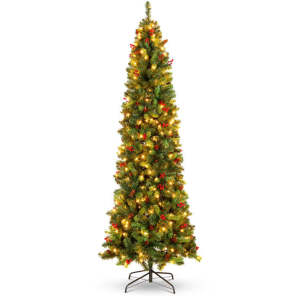 Pre-Lit Spruce Pencil Christmas Tree w/ Berries, Pine Cones 9ft