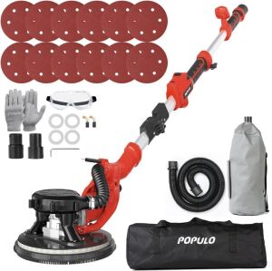 POPULO Drywall Sander, 810W 7A Electric Drywall Sander with Vacuum Attachment, Variable Speed 900-1800RPM Powerful Wall Sander with 12Pcs Sanding discs, Floor and Popcorn Ceiling Removal Tool