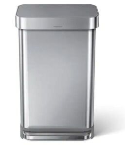 45L Liner Rim Rectangular Step Trash Can, Brushed Stainless Steel with Grey Plastic Lid - Dented Front Bottom 