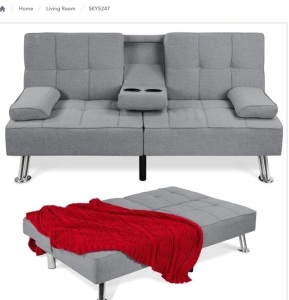 Linen Upholstered Convertible Sofa Bed Futon w/ 2 Cupholders $499.99