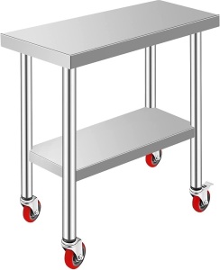 VEVOR 30x12x34 inch Heavy Duty Stainless Steel Commercial Food Prep Worktable with 3-Stage Adjustable Shelf, Brake, and 4 Wheels - Appears New