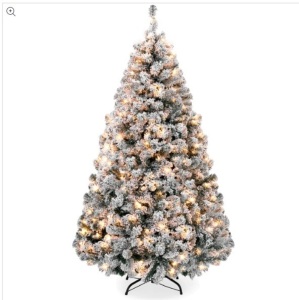 Pre-Lit Snow Flocked Artificial Pine Christmas Tree w/ Warm White Lights