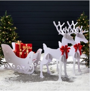 3-Piece Deer & Sleigh Silhouette Set Holiday Yard Decoration w/ Stakes - 4ft