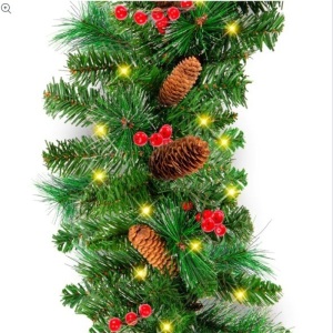 Pre-Lit Pre-Decorated Garland w/ PVC Branch Tips, 50 Lights - 9ft