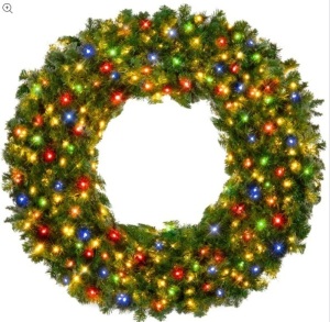 Pre-Lit Artificial Fir Christmas Wreath w/ Multicolor LED Lights, PVC Tips