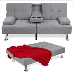 Grey Linen Upholstered Convertible Sofa Bed Futon w/ 2 Cupholders $499.99