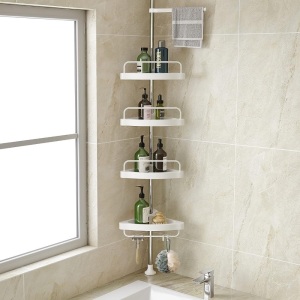 Corner Shower Caddy Tension Pole: Adjustable Stainless Steel Shower Organizer with 4 Tier Shelf for Bathroom Bathtub Tub Shampoo - Floor Standing Rack Bath Storage Holder with Rust Proof Rods 9"D x 9"W x 122"H