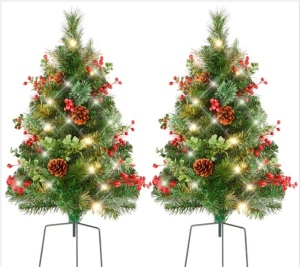 Set of 2 Pre-Lit Pathway Christmas Trees w/ Pine Cones, Timer - 24.5in $74.99