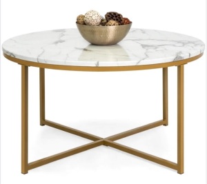 Round Coffee Table w/ Faux Marble Top, Metal Frame - 36in $179.99