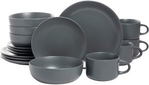 10 Strawberry Street Wazee Matte Coupe Dinnerware Set, 16 Pc, Charcoal Gray - New 