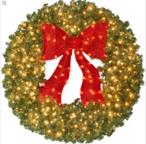 Pre-Lit Artificial Fir Christmas Wreath w/ Red Bow, LED Lights