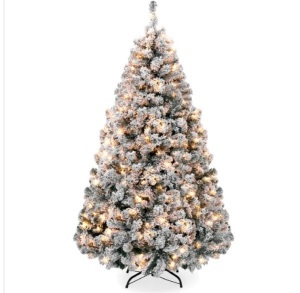 Pre-Lit Snow Flocked Artificial Pine Christmas Tree w/ Warm White Lights