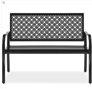 Indoor Outdoor Steel Bench w/ Geometric Backrest, Foot Levelers