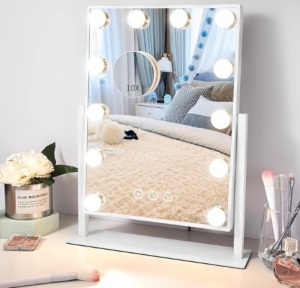 NUSVAN Vanity Makeup Mirror with Lights ,3 Color Lighting Modes Detachable 10X Magnification Mirror Touch Control,360°Rotation, White (14.6Inch) $59.99