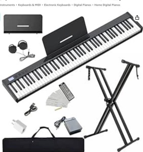 Piano Keyboard 88 Keys Semi-weighted Compact Portable Digital Piano Set for Beginners with Stand, Carrying Case, Sustain Pedal, Headphones, SWAN-S Black $219.00