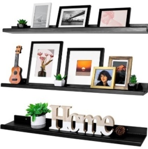 Annecy Floating Shelves Wall Mounted Set of 3, 36 Inch Black Rustic Wood Shelves for Wall, Wall Storage Shelves with Guardrail Design for Bedroom, Bathroom, Kitchen, Office