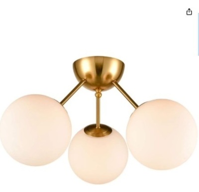 HOLKIRT Classic Mid Century Modern Globe Semi Flush Mount Ceiling Light Sputnik Chandeliers,White Frosted Glass Gold Finished for Living Room Dining Room Bedroom 3- Light