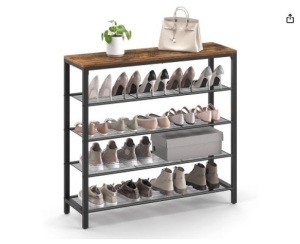 Shoe Rack, 5-Tier Shoe Storage Organizer with 4 Metal Mesh Shelves for 16-20 Pairs and Large Surface for Bags, for Entryway, Hallway, Closet, Industrial, Rustic Brown and Black ULBS15BX