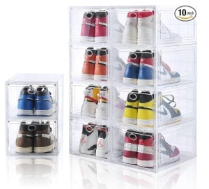 10 Pack Clear Shoe Boxes Stackable,Shoe Storage for Closet,Sturdy Box Containers with Door,Sneaker Storage,Easy to Assemble,Fit up US Size 12(13.8”x 9.84”x 7.1”) $79.99