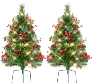 Set of 2 Pre-Lit Pathway Christmas Trees w/ Pine Cones, Timer - 24.5in $74.99