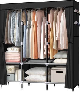 LOKEME Portable Wardrobe, 61-Inch with 3 Hanging Rods and 6 Storage Shelves, Non-Woven Fabric, Stable and Easy Assembly Black Portable Closets for Hanging Clothes with Side Pockets