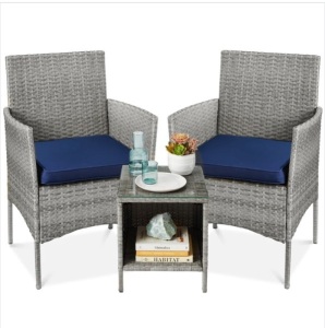 3-Piece Outdoor Patio Wicker Bistro Set w/ Side Storage Table