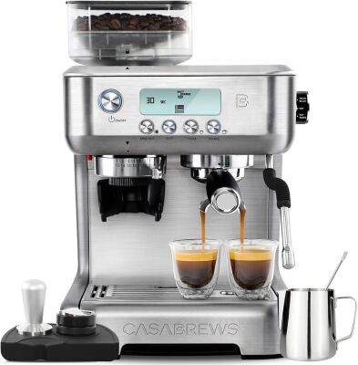 CASABREWS Espresso Machine with Grinder, Professional Espresso Maker with Milk Frother Steam Wand, 20 Bar Barista Cappuccino Machine with LCD Display for Lattes, Gift for Dad Mom Wife or Coffee Lover