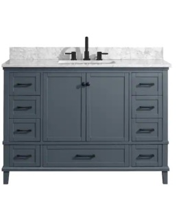 Merryfield 43 in W x 22 in D x 35in H Single Sink Freestanding Bath Vanity in Dark Blue-Grey w/ White Carrara Marble Top