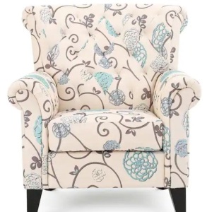 Merritt White and Blue Floral Fabric Tufted Club Chair