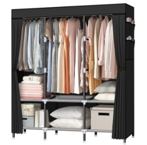 LOKEME Portable Wardrobe, 61-Inch with 3 Hanging Rods and 6 Storage Shelves, Non-Woven Fabric, Stable and Easy Assembly Black Portable Closets for Hanging Clothes with Side Pockets $62.99
