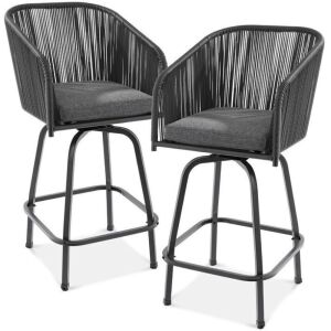 Set of 2 Woven Wicker Swivel Barstools w/ 360 Rotation 