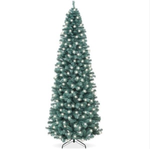 Pre-Lit Blue Spruce Pencil Christmas Tree w/ Metal Base, Incandescent Lights 9ft