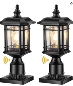 VIANIS Dusk to Dawn Post Lights Outdoor, Black Post Lantern with Pier Mount Base, Exterior Lamp Post Light Fixture, Waterproof Aluminum Body with Tempered Seeded Glass for Patio, Garden, Driveway