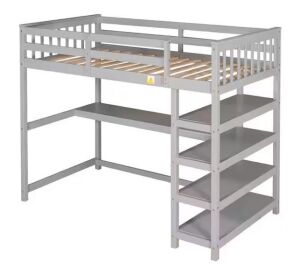 Harper & Bright Designs Modern Gray Wood Frame Twin Size Loft Bed with Under-Bed Desk, Storage Shelves and Built-in Ladder