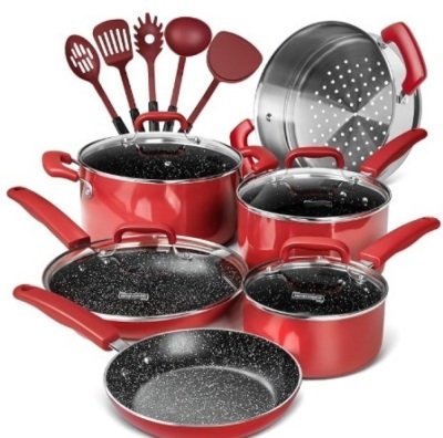 MICHELANGELO Pots and Pans Set Nonstick, 15 Pcs Kitchen Cookware Sets with Porcelain Enamel Exterior and Nonstick Granite-derived Coating, Enamel Cookware Set with 5 Utensils - Red