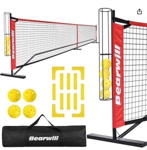 Bearwill Pickleball Net, 22 FT Regulation Size Portable Pickleball Net, Pickle Ball Net with Exclusive Ball Holder, Court Marker, 4 Pickleballs & Carry Bag, Pickle Ball Net for Outdoor Indoor Driveway