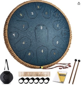 HOPWELL Steel Tongue Drum - 14 Inch 15 Note Tongue Drum - Hand Pan Drum with Music Book, Handpan Drum Mallets and Carry Bag, D Major (Navy Blue)