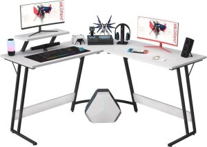 L Shaped Gaming Computer Corner Desk with Large Monitor Riser Stand, Classical White, 51 Inch