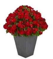 Nearly Natural&nbsp;Indoor/Outdoor UV Resistant Red Geranium Artificial Plant in Slate Plater