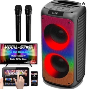 Vocal-Star Portable Karaoke Machine with Bluetooth, 2 Microphones, 100w Speaker, 6 Dazzling LED Full Speaker Lights Effects, Records Vocals, TWS, AUX, Rechargeable