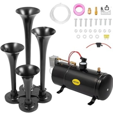 Horns Kit for Trucks Super Loud with 120 PSI 12V Air Compressor 4 Trumpet Air Horn Compressor Tank For Any Vehicle Trucks Car Jeep Or SUV (Black)