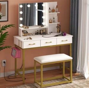 Bestier 3-Drawers White Wood LED Light Makeup Vanity Sets with Hooks and Built-in Outlets