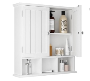 ChooChoo Bathroom Cabinet Wall Mounted 2-Door with 3 Open Shelves, Wooden Medicine Cabinets with Adjustable Shelf