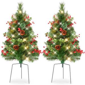 Set of 2 Pre-Lit Pathway Christmas Trees w/ Pine Cones, Timer