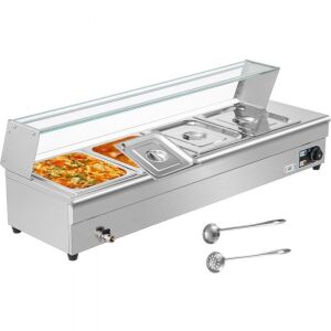 VEVOR 44 Qt Electric Bain Marie Stainless Steel Steam Table with Tempered Glass Shield, 6" Deep Pans, 1500W 