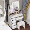 5-Drawers White Makeup Vanity Dressing Table Sets With Stool, Mirror, LED Light and 3-Tier Storage Shelves 