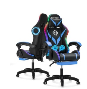 Hoffree Gaming Chair with Speakers Office Chair with Footrest and LED Lights Ergonomic Gaming Chairs High Back with Lumbar Support and Headrest Adjustable Swivel