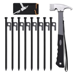 LFSEMINI 4/8/16pcs Tent Stakes and Hammer Set, 8/10/12/16in Heavy Duty Forged Steel Tent Stakes + Camping Hammer + Storage Pouch