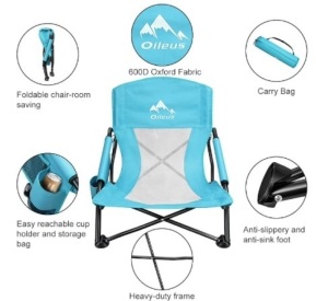 Oileus Low Beach Chair for Beach Tent/Shelter/Camping/Outdoor Ultralight Backpacking Folding Recliner Chairs with Cup Holder/Storage Bag, Carry Bag, Breeze Mesh Back